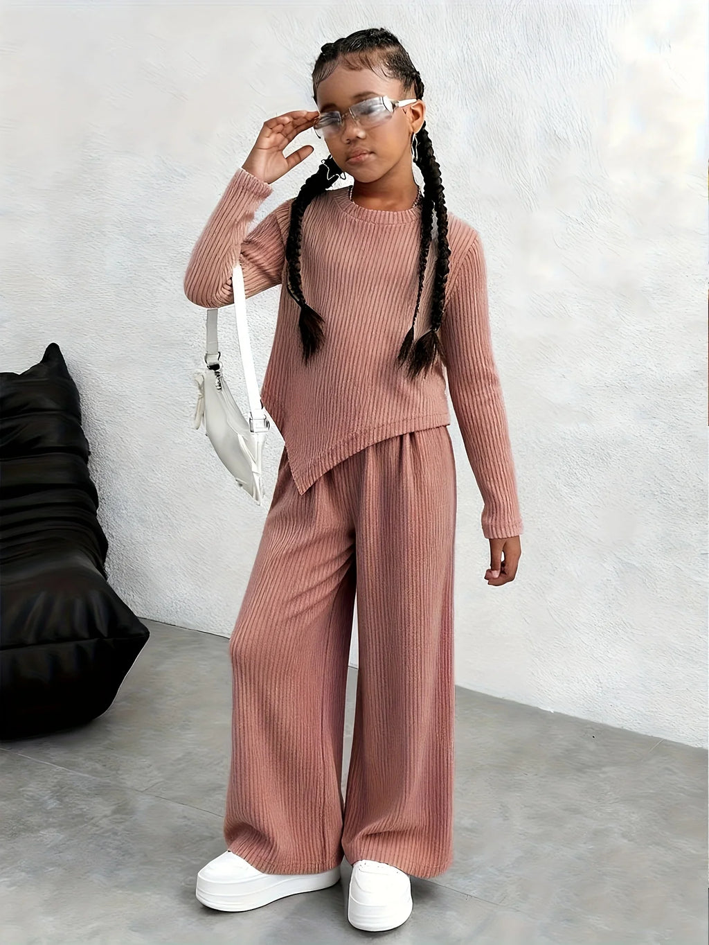 Girls' Solid-Colour Spring/Autumn Long-Sleeved Top and Casual Trousers Two-Piece Set, Trendy Outfit, Children's Fashion Clothing