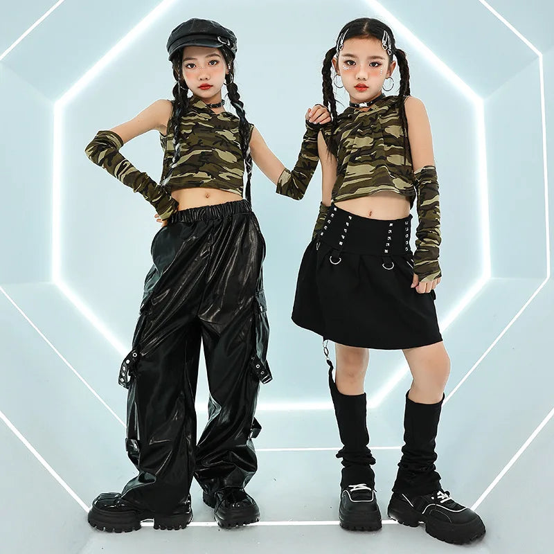 Girls Jazz Dance Costumes, Hip-hop Stage Costumes, Zumba Practice Clothes, Camouflage Children's Clothing Suits,10-12 Years Old