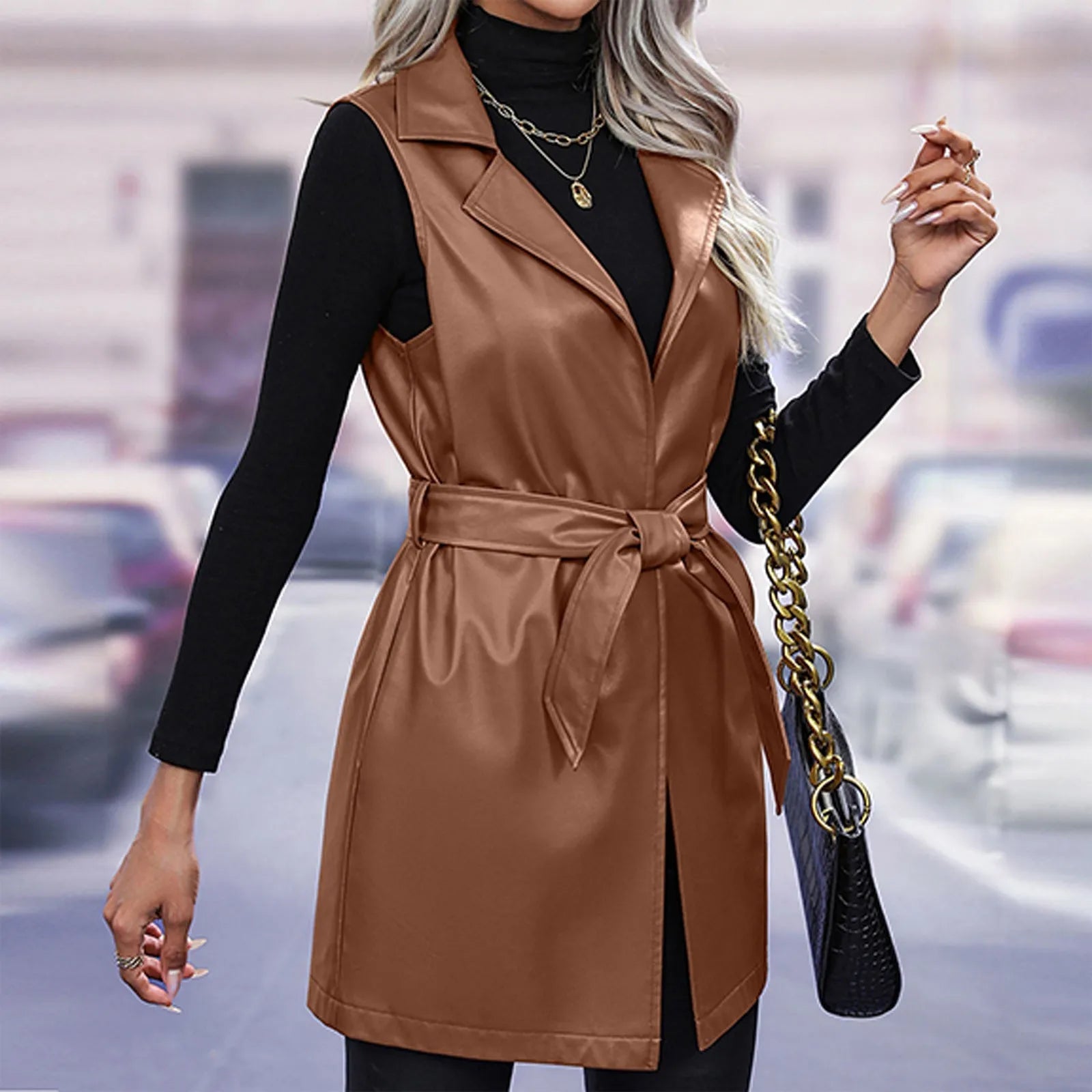 Women Jackets Fashion Leather Vest Sleeveless Coat Suit Collar Slim Spring Autumn Windbreaker Coat For Outdoor Daily Wear