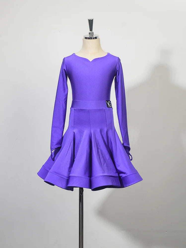 Girls Latin Dance Competition Clothing Glossy Fabric Long Sleeves Dance Dress Kids Cha Rumba Dance Practice Training Wear