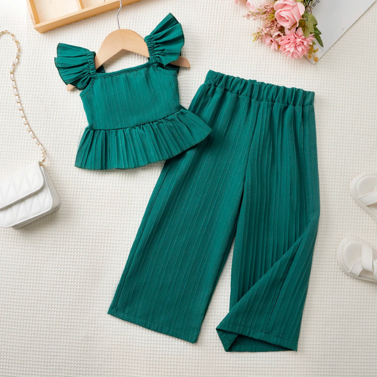 2025 Girls' Fashion Summer clothes Sets fly sleeves Tops + Pants Suits Y2K Street Casual 2pcs Children Clothing