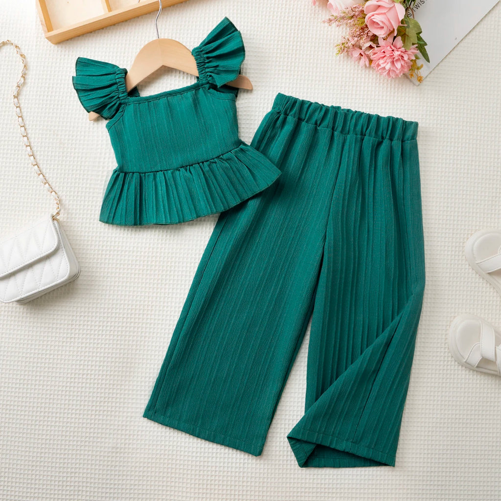 2025 Girls' Fashion Summer clothes Sets fly sleeves Tops + Pants Suits Y2K Street Casual 2pcs Children Clothing