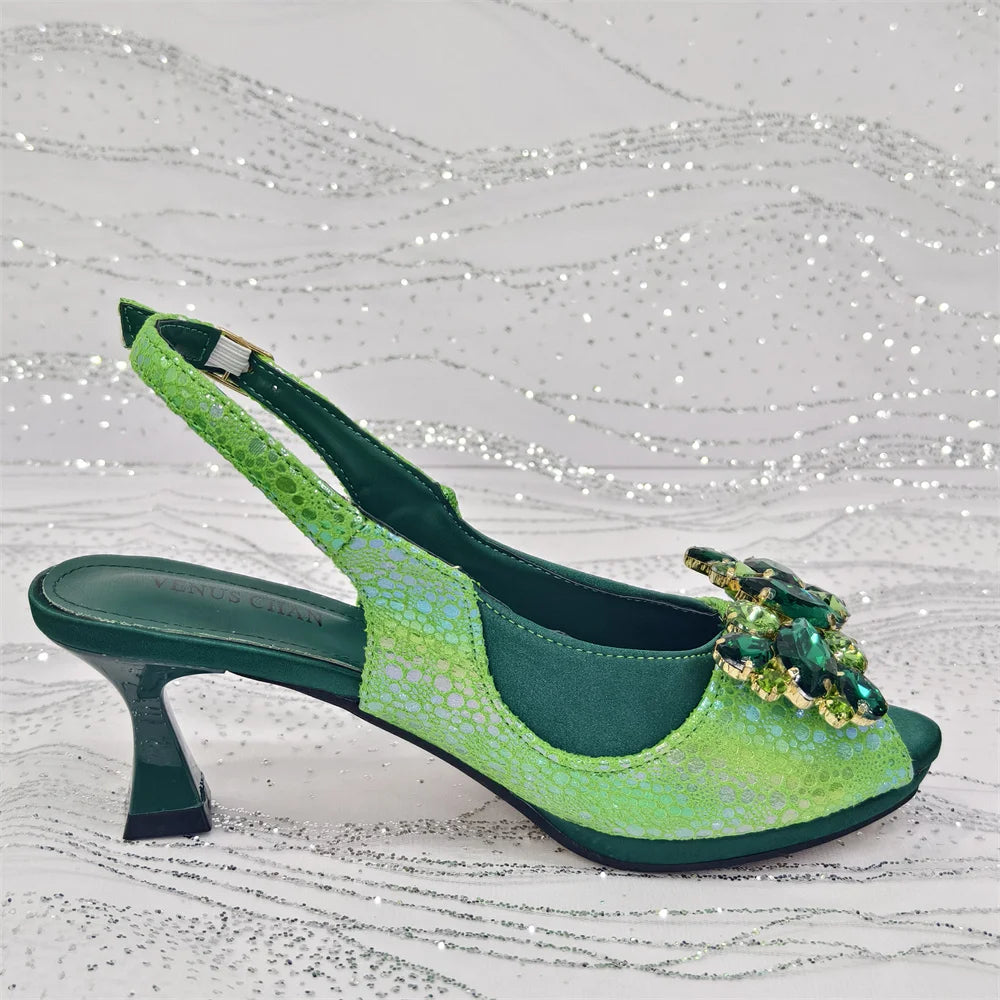 2025 New Rhinestone Design African Shoes & Bag Set in Green – Open Toe Comfortable Women's Heels - Hot Sale on Instagram