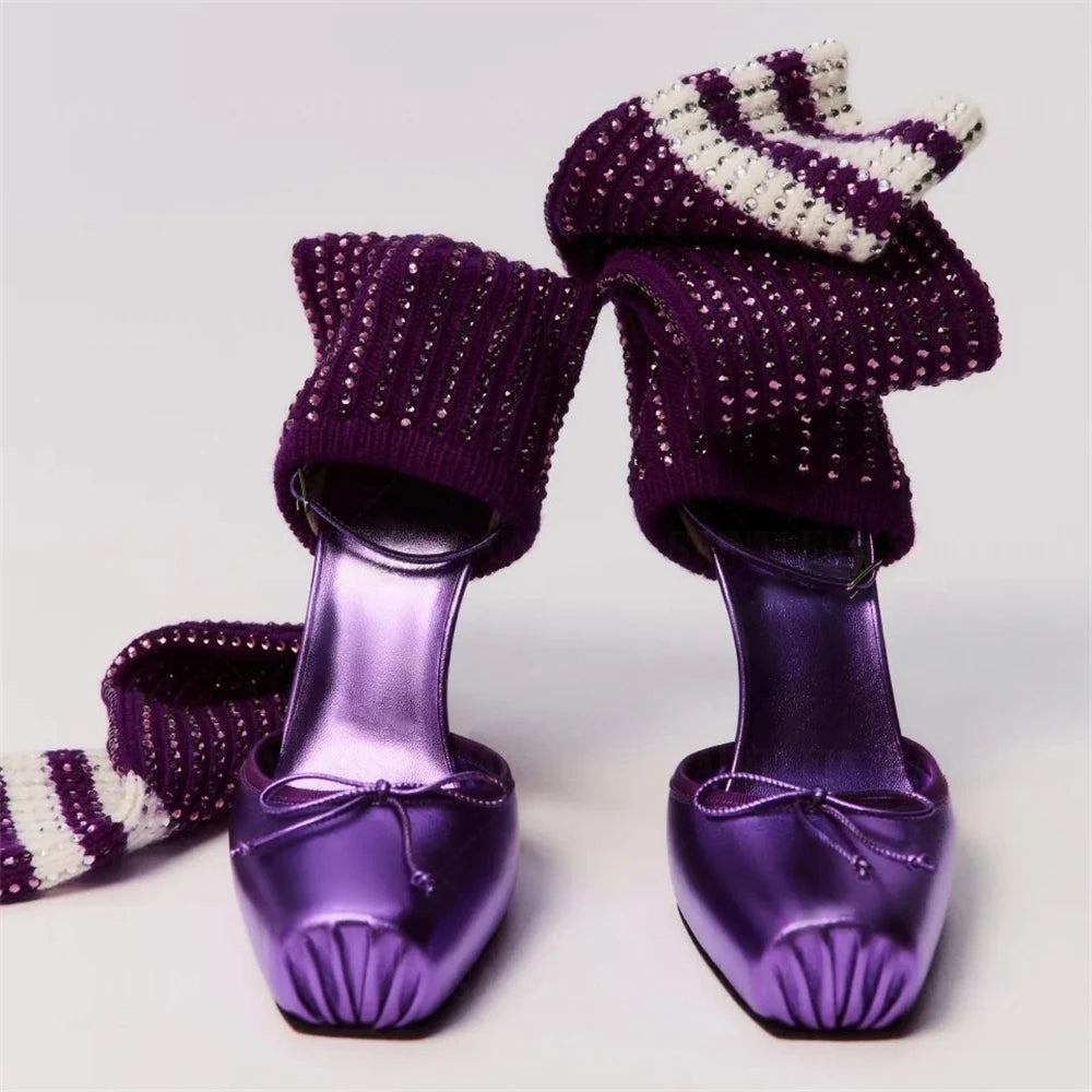 Rhinestone Socks Stiletto Booties Ballerina Bow Crepe Square Toe High Heel Pumps Multicolor Elegant Style Women's Mid-Calf Boots