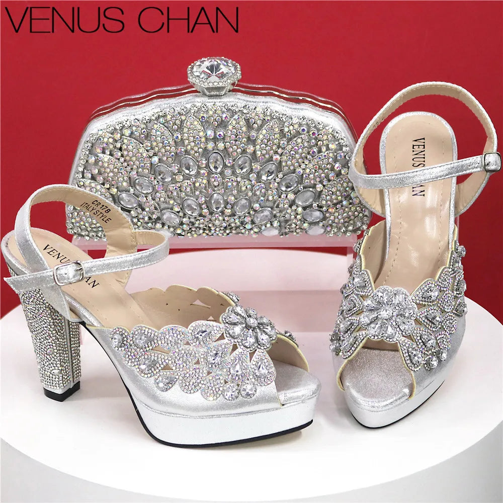 High Heel Shoes for Women Hollowed Out Embroidery Rhinestone Italian Design Rainbow Color Pointed-Toe Shoes and Bags Set