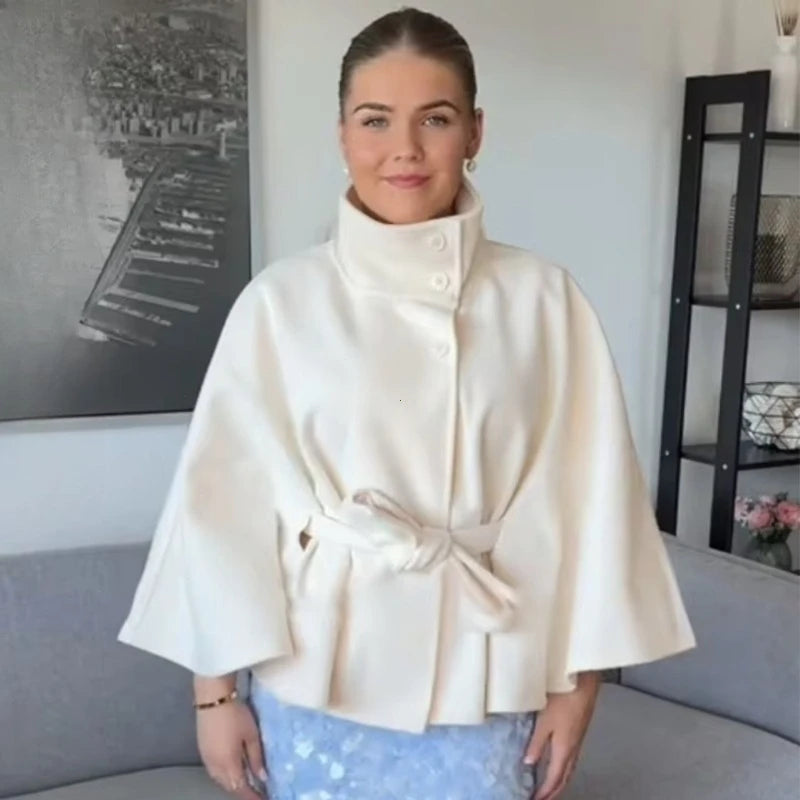 Womens Short Cape Coats For Women Belt Blends Coats Autumn Winter Solid Coats Elegant Cloak Jacket Ladies 2025