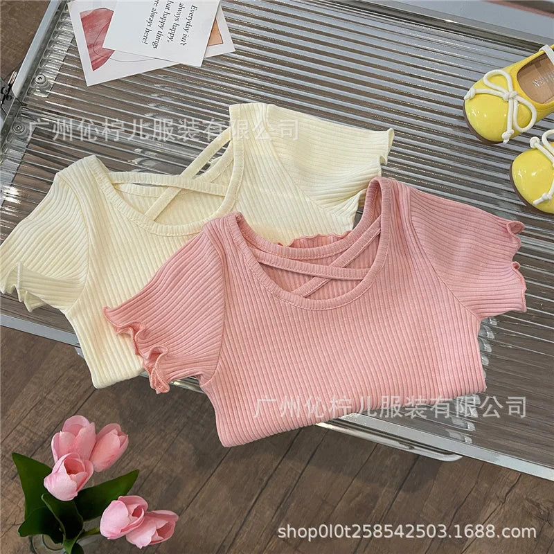 Girls T-Shirt Summer Children Short Sleeved Thin Soft Tops Simple Solid Color Casual Kids Clothing 2-6 Years Sweet Shirtthing