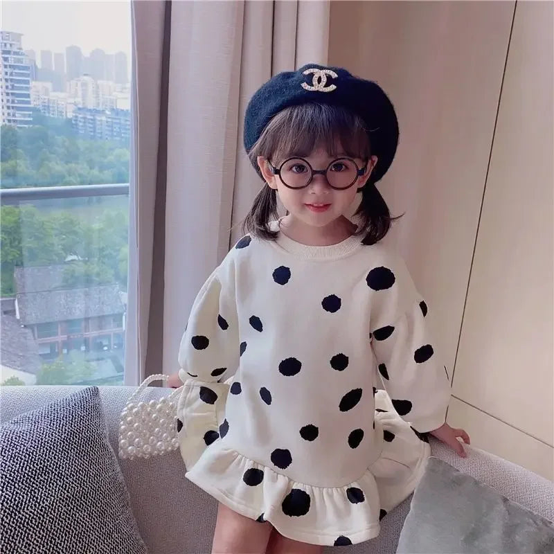 Girls Dress Autumn Spring New Girls' Splicing Pleated Dress Polka Dot Printed Baby Kids Casual Clothing