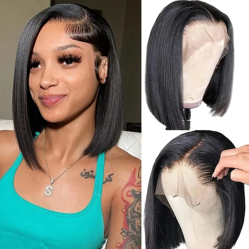 200 Density Straight 13X4 Lace Frontal Bob Wigs 100% Human Hair for Women Brazilian Remy Hair Pre Plucked Virgin Hair #1B 16inch