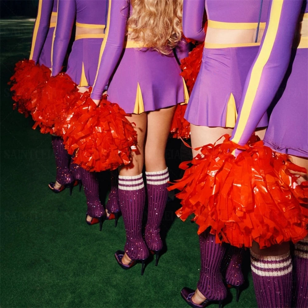 Rhinestone Socks Stiletto Booties Ballerina Bow Crepe Square Toe High Heel Pumps Multicolor Elegant Style Women's Mid-Calf Boots