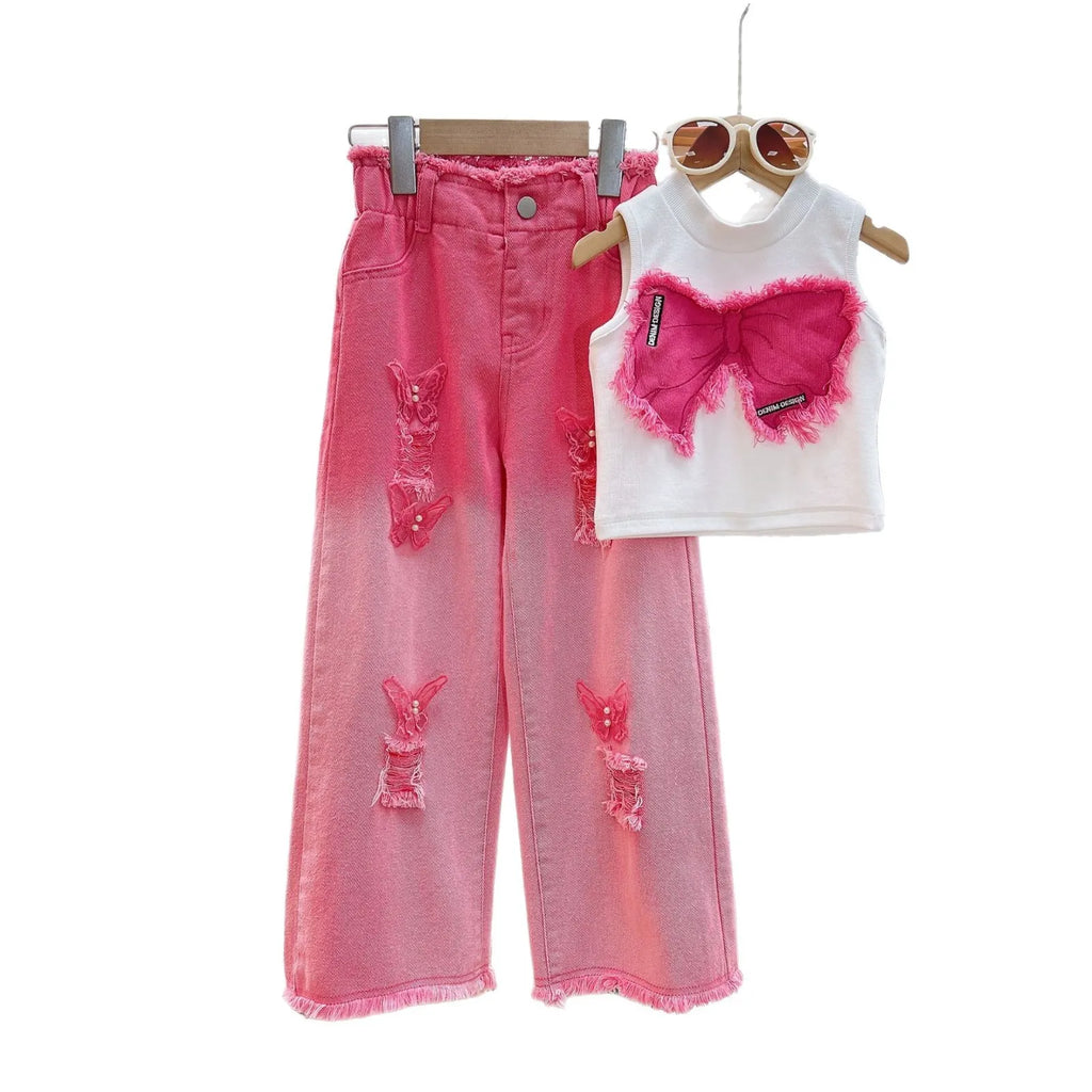 2025 Girls' Summer New Clothing Set Fashion Children's Sleeveless Top+ Ripped Jeans Two-piece Set Baby Clothes