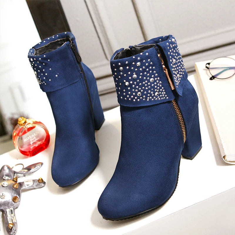 Rhinestone Crystal Sparkle Red Navy Blue Ankle Boots for Women Big Size 46 47 Zipper Chunky High Heels Bling Winter Warm Shoes