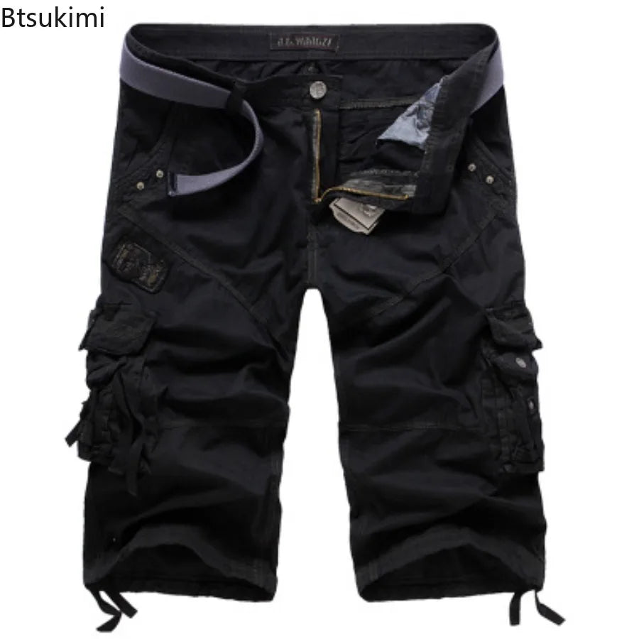 New Summer Casual Shorts Men's Solid Straight Cargo Shorts Outdoor Workout Joggers Pants Multi Pocket Knee Length Sweatpants Man