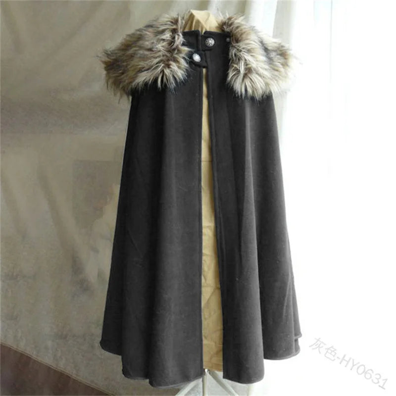 Men's Medieval Costume Cloak Autumn Winter Thick Warm Solid Fur Collar Cape Coat Loose Gothic Women Vintage Woolen Ladies Coats