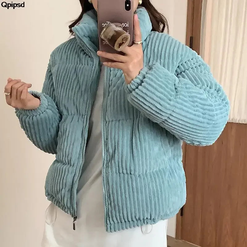 Women Short Parkas Jackets 2025 Autumn Winter Corduroy Long Zipper Thick Warm Outwear Coats Female Winter Jackets parkas Coats