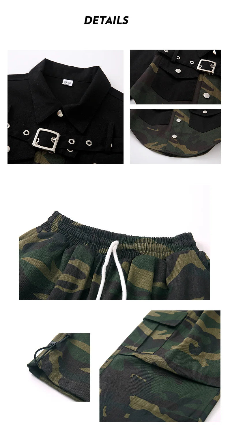 Girls Hip Hop Clothing Green Crop Top Camouflage Casual Wide Pockets Cargo Pants for Kids Jazz Dance Costume Clothes