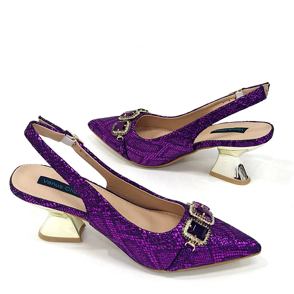 2024 Rhinestone Pointed-Toe High Heels Shoes and Bags Set for Women Wedding and Party Elegant Luxury Fashion in Wine Color