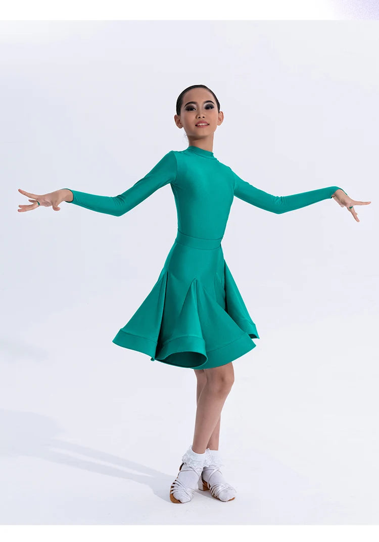 Girls Latin Dance Competition Clothing Glossy Fabric Long Sleeves Dance Dress Kids Cha Rumba Dance Practice Training Wear