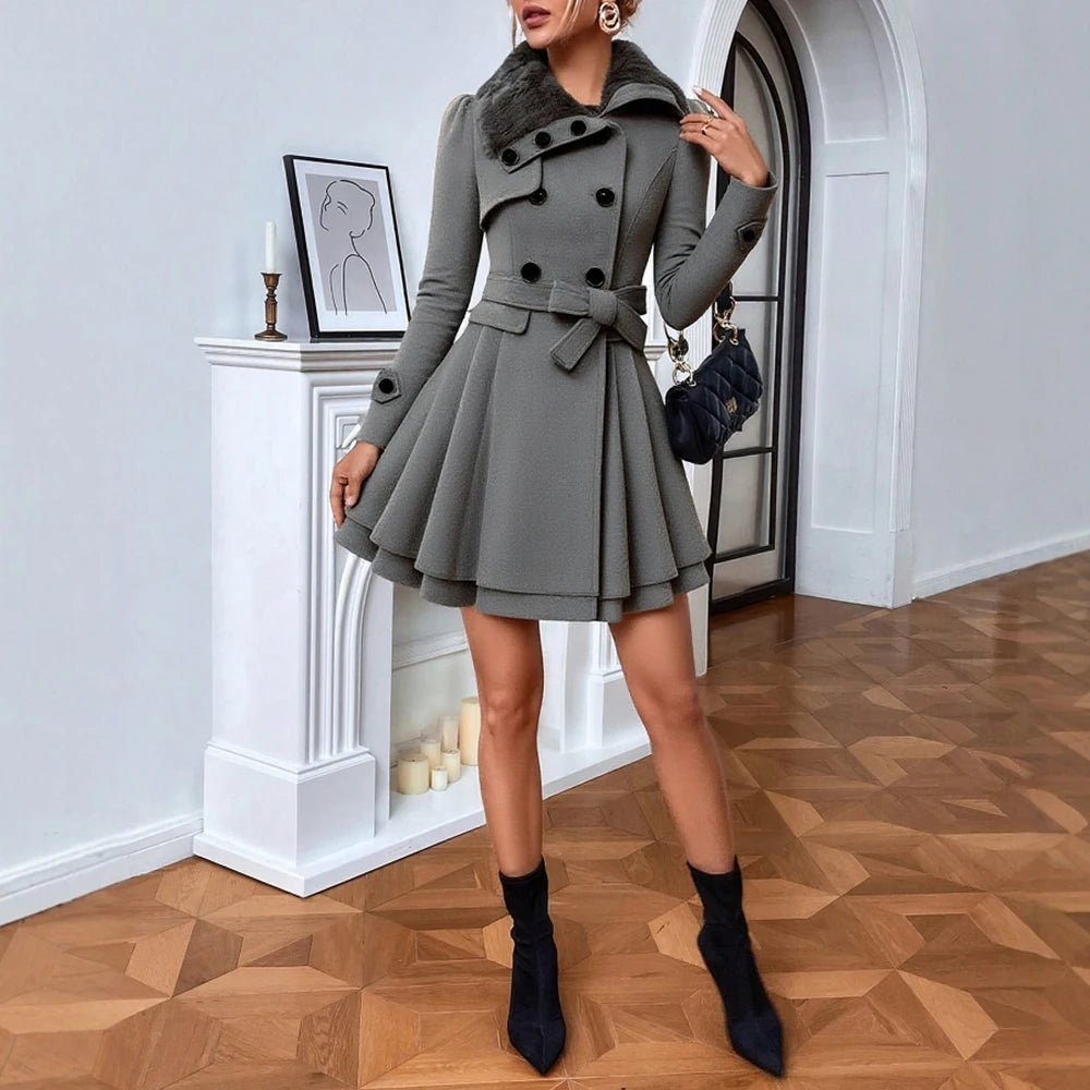 Women's Coats 2025 Fall Essential Solid Color Long Sleeve Notched Lapel Single-Breasted Faux Fur Collar A-Line Coats