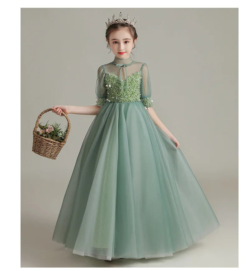 Children Clothing Green Dress for Girls 3 To 14 Year Elegant Formal Evening Dresses Long Luxury Cute Kid Wedding Party Ball Gown