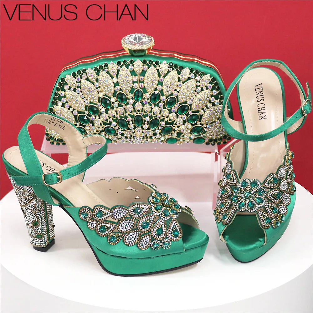 High Heel Shoes for Women Hollowed Out Embroidery Rhinestone Italian Design Rainbow Color Pointed-Toe Shoes and Bags Set