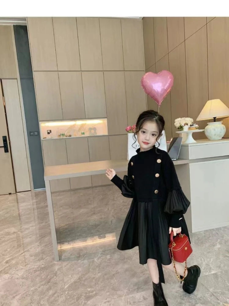 2025 Spring and Autumn New Girls' Dress Children's Clothing Black Design Sense Spliced Knitted Pleated Skirt