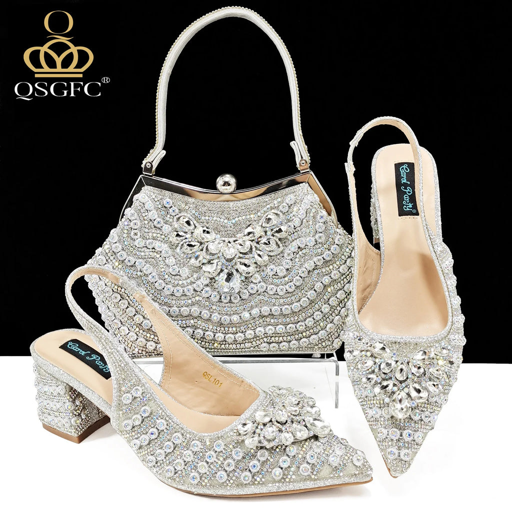 2024 Italian Design Full Rhinestone Comfortable high heel shoes And Bag Fashion Style Pointed-Toe Shoes For Women