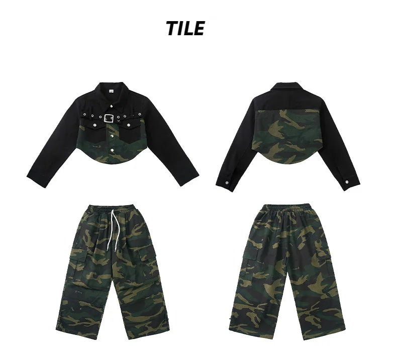 Girls Hip Hop Clothing Green Crop Top Camouflage Casual Wide Pockets Cargo Pants for Kids Jazz Dance Costume Clothes