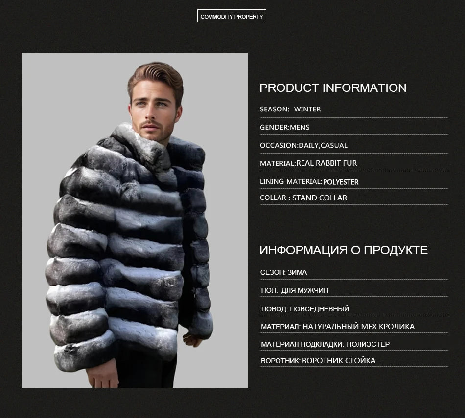 Mens Winter Rex Rabbit Fur Coats Real Fur Jackets Mens Luxury Coats Chinchilla Fashion Fur Jacket Men