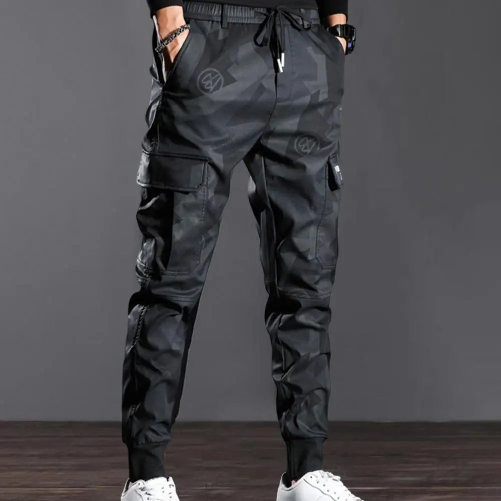 Men Cargo Pants Camouflage Print Drawstring Multi Pockets Bottoms Ankle Tied Trousers Autumn Elastic Waists Casual Sports Pants