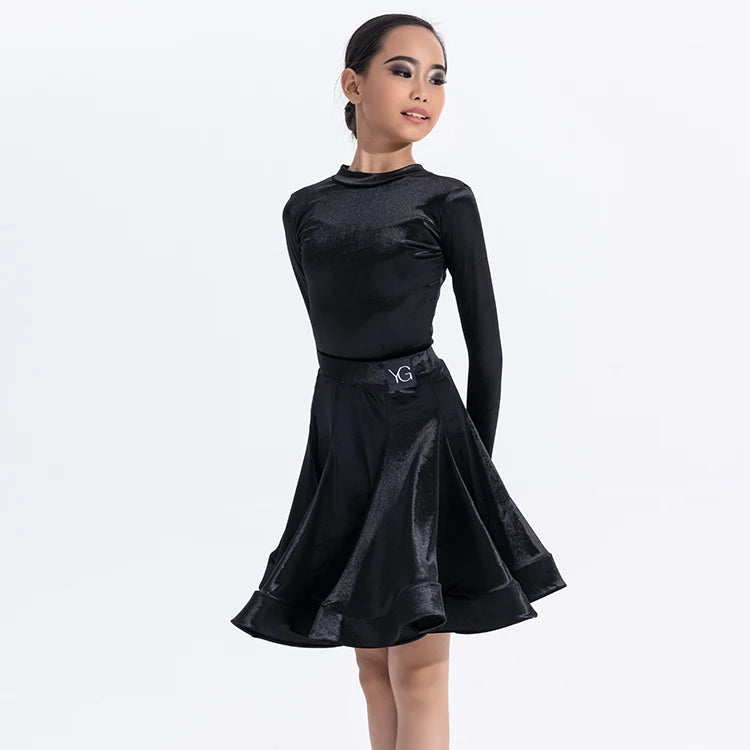 Girls Latin Dance Competition Clothing Glossy Fabric Long Sleeves Dance Dress Kids Cha Rumba Dance Practice Training Wear