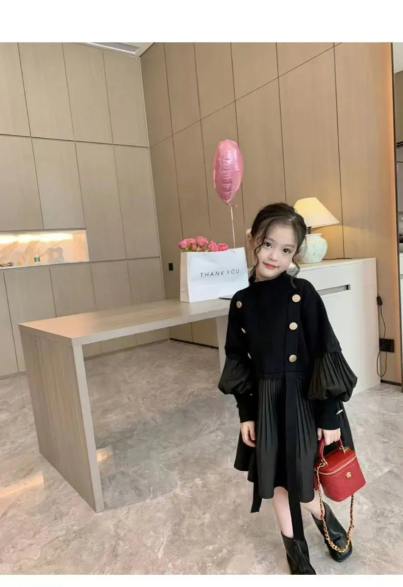 2025 Spring and Autumn New Girls' Dress Children's Clothing Black Design Sense Spliced Knitted Pleated Skirt