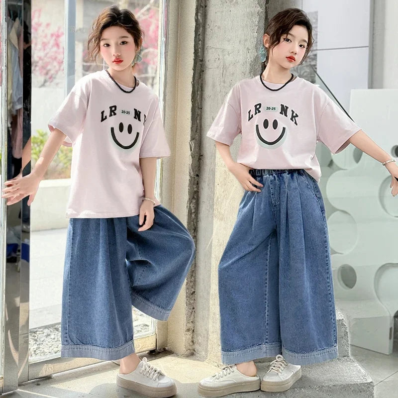 Girls Summer Clothes Sets Children Smiley Face Print Short-Sleeve T-Shirt + Denim Wide-Leg Pants Two-Piece Sets 2025 New