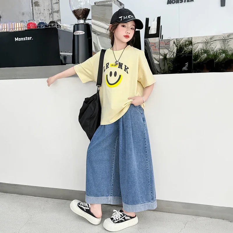 Girls Summer Clothes Sets Children Smiley Face Print Short-Sleeve T-Shirt + Denim Wide-Leg Pants Two-Piece Sets 2025 New