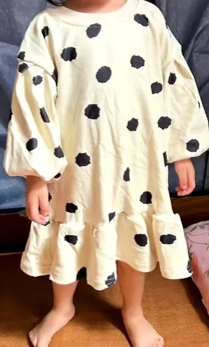 Girls Dress Autumn Spring New Girls' Splicing Pleated Dress Polka Dot Printed Baby Kids Casual Clothing