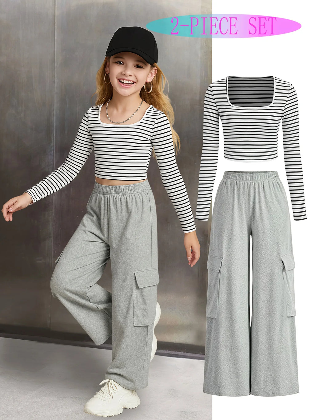 Girls' Clothing Set for Autumn: Two-Piece Outfit with Square-Neck Striped Long-Sleeve Top and Casual Pants with Pockets, Suitable for Outdoor Activities, Sporty and Fashionable