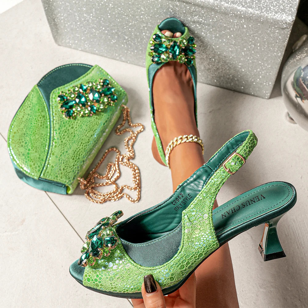 2025 New Rhinestone Design African Shoes & Bag Set in Green – Open Toe Comfortable Women's Heels - Hot Sale on Instagram