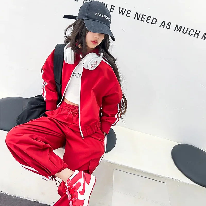 2025 New Girls Outfit Spring/fall Casual Striped Short Jacket  Wide Leg Pants 2-Pieces Fashion School Kids Sporty Tracksuit Set