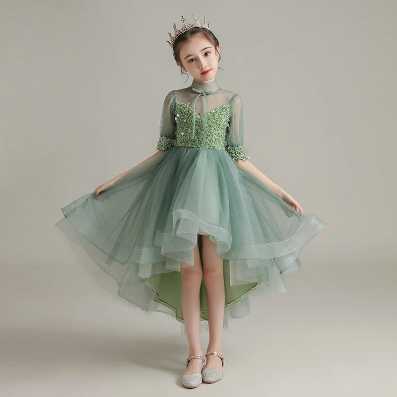 Children Clothing Green Dress for Girls 3 To 14 Year Elegant Formal Evening Dresses Long Luxury Cute Kid Wedding Party Ball Gown