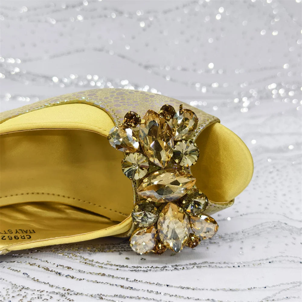 2025 New Rhinestone Design African Shoes & Bag Set in Green – Open Toe Comfortable Women's Heels - Hot Sale on Instagram