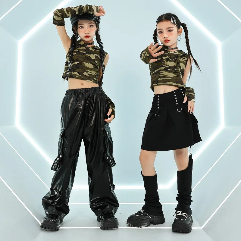 Girls Jazz Dance Costumes, Hip-hop Stage Costumes, Zumba Practice Clothes, Camouflage Children's Clothing Suits,10-12 Years Old