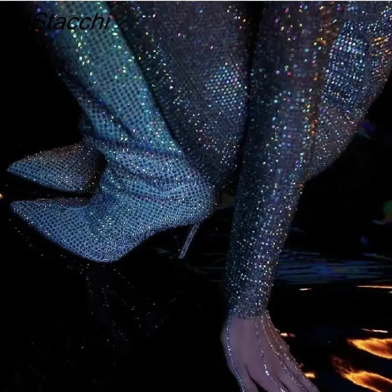 Rhinestone Women's High Boots Pointed Toe Slip-on Long Boots Women Boots High Heels Sexy Stiletto Ladies Party Shoes 2025 New