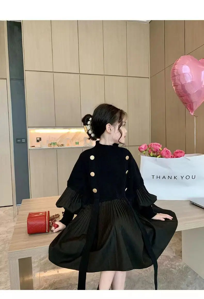 2025 Spring and Autumn New Girls' Dress Children's Clothing Black Design Sense Spliced Knitted Pleated Skirt