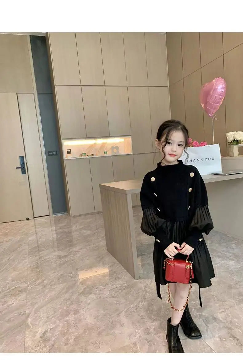 2025 Spring and Autumn New Girls' Dress Children's Clothing Black Design Sense Spliced Knitted Pleated Skirt