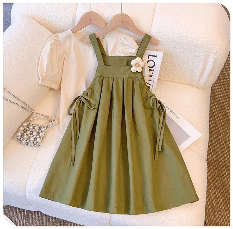 Baby Girls Clothes Summer Girls Dress Set Kids Top+Suspender Skirt 2Pic Children Flower Leisure Suit 3-14 Years Youth Clothing