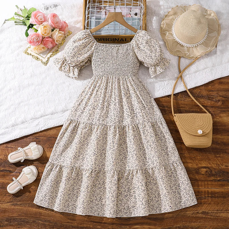 Girls Clothes 2024 New Summer Princess Dresses 8-12Y Shirred-Bodice Floral Puffed Sleeves Elegant Casual Kids Dress For Girls