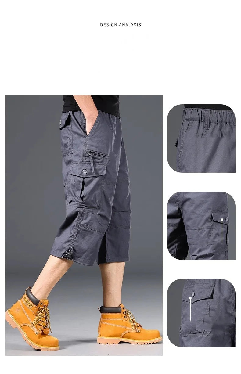 Knee Length Cargo Shorts Men's Summer Casual Cotton Multi Pockets Breeches Cropped Short Trousers Camouflage Shorts