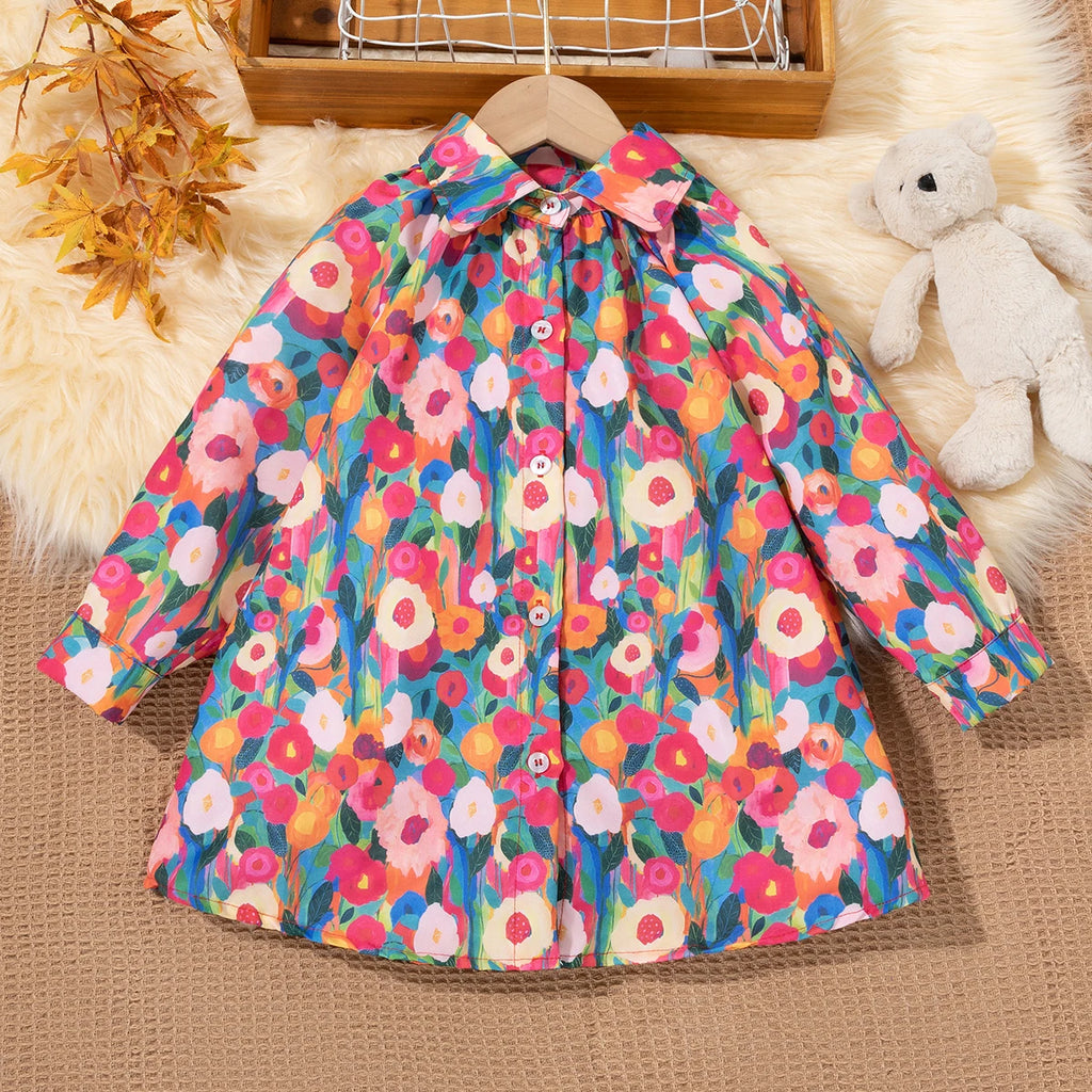 Girls' Dress - Spring/Fall New Style Chic Floral Print Princess Dress Baby Spring/Fall Long-Sleeve Shirt Dress - Loose Fit Flora