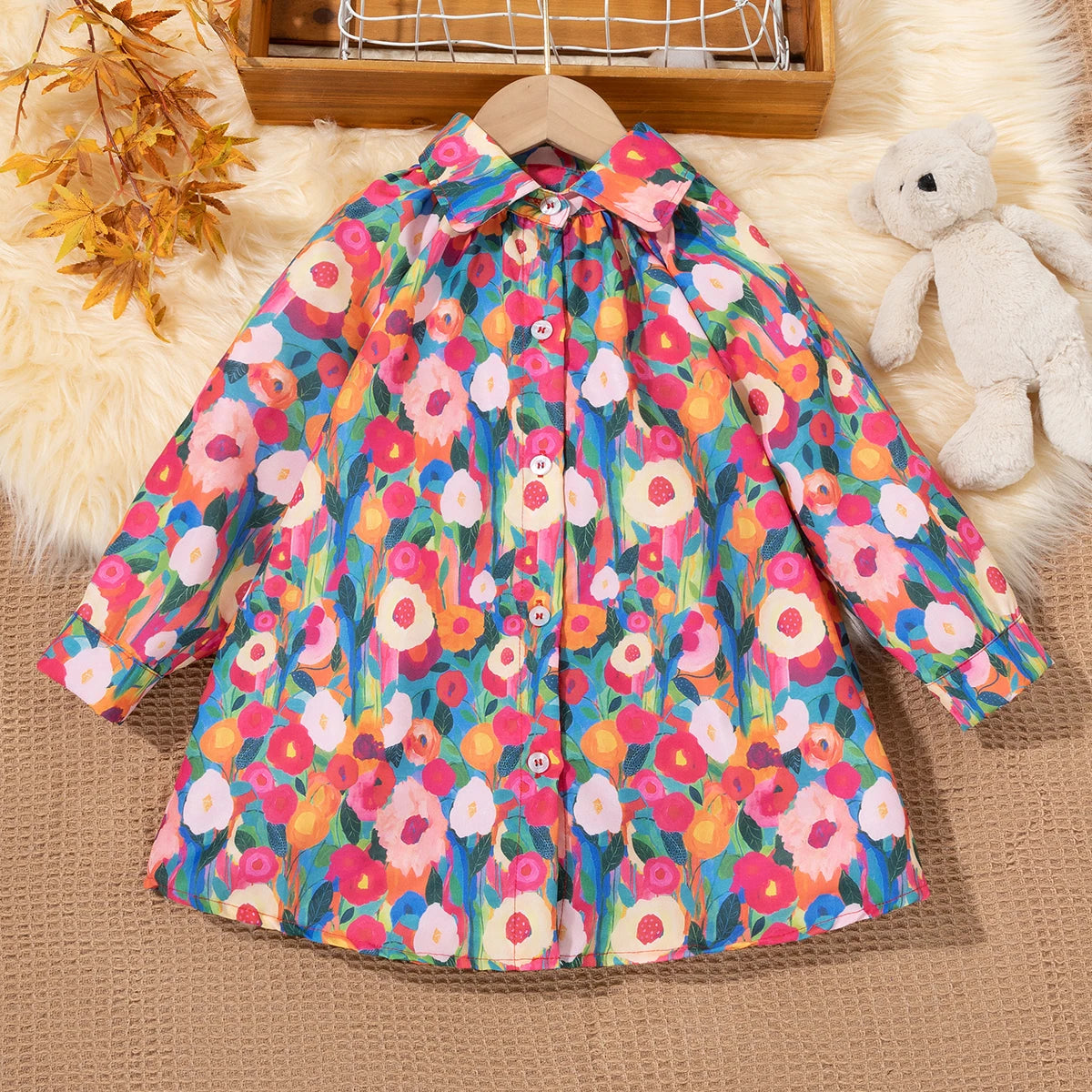 Girls' Dress - Spring/Fall New Style Chic Floral Print Princess Dress Baby Spring/Fall Long-Sleeve Shirt Dress - Loose Fit Flora