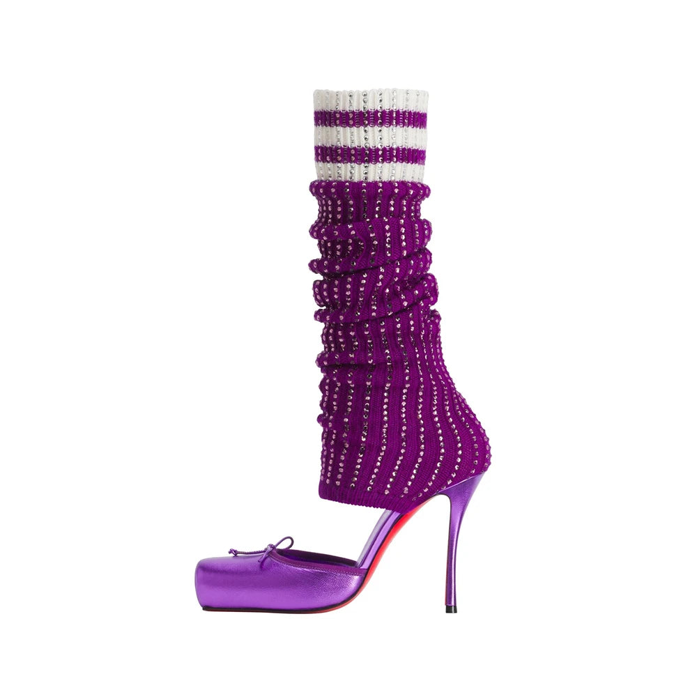 Rhinestone Socks Stiletto Booties Ballerina Bow Crepe Square Toe High Heel Pumps Multicolor Elegant Style Women's Mid-Calf Boots